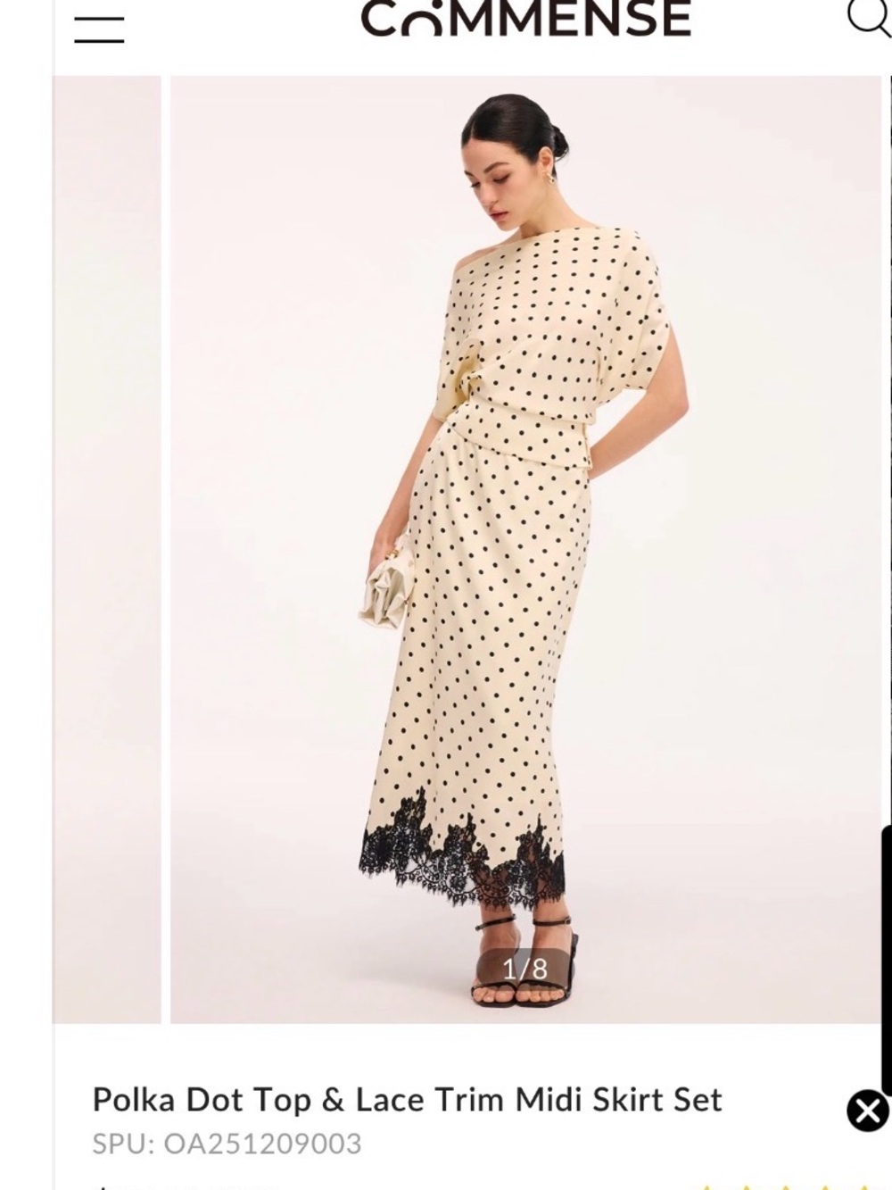 Commense Cream Polka Dot Maxi Dress with Black Lace Trim